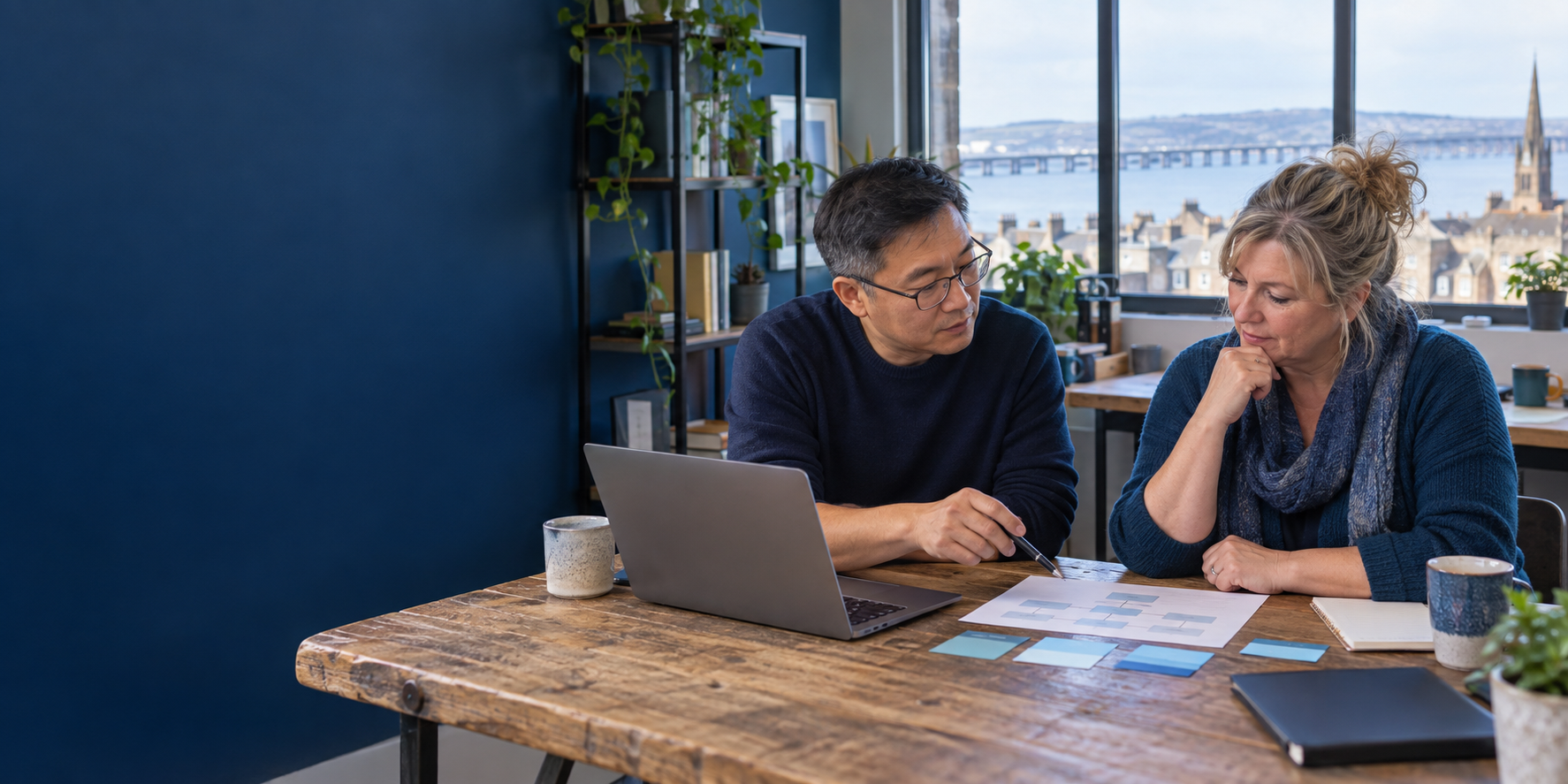 A Chinese consultant and a Scottish small-business owner mapping a practical workflow in Dundee